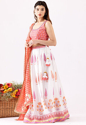 Printed Pure Chanderi Cotton Lehenga in White