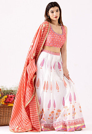 Printed Pure Chanderi Cotton Lehenga in White
