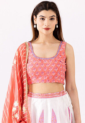 Printed Pure Chanderi Cotton Lehenga in White