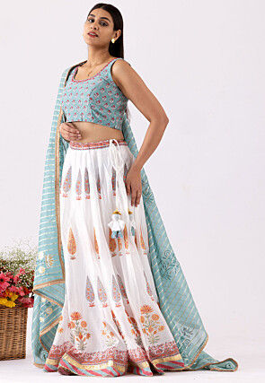Printed Pure Chanderi Cotton Lehenga in White