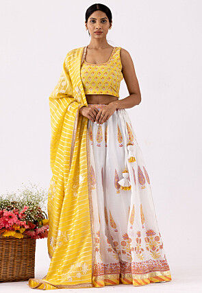 Printed Pure Chanderi Cotton Lehenga in White