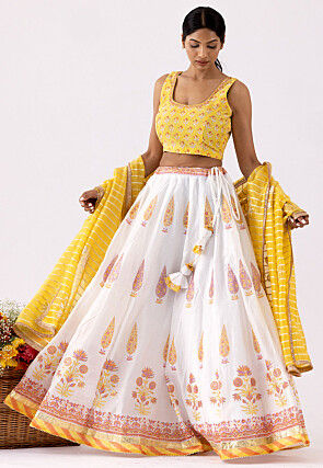 Printed Pure Chanderi Cotton Lehenga in White