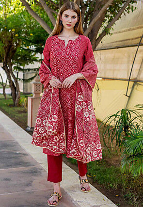 Printed Pure Chanderi Cotton Pakistani Suit in Red