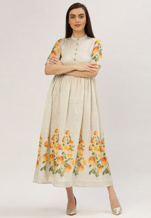 Printed Pure Chanderi Flared Kurta in Off White