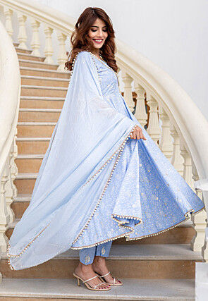 Printed Pure Chanderi Silk A Line Suit in Sky Blue