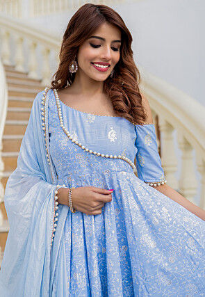 Printed Pure Chanderi Silk A Line Suit in Sky Blue