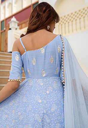 Printed Pure Chanderi Silk A Line Suit in Sky Blue
