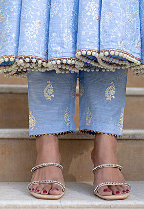 Printed Pure Chanderi Silk A Line Suit in Sky Blue
