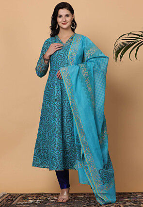 Printed Pure Chanderi Silk Aline Suit in Blue