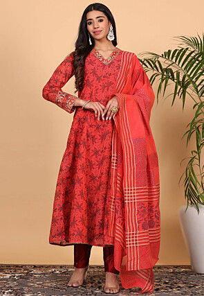 Printed Pure Chanderi Silk Aline Suit in Coral Red