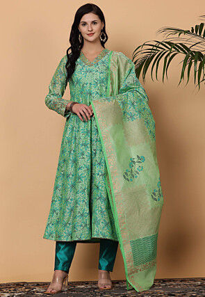 Printed Pure Chanderi Silk Aline Suit in Light Green
