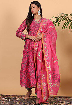 Printed Pure Chanderi Silk Aline Suit in Pink
