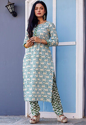 Printed Pure Chanderi Silk Anghrakha Style Kurta Set in White and Green