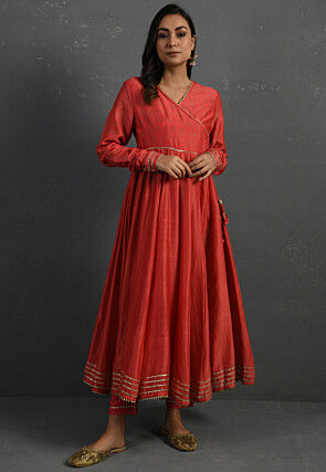 Printed Pure Chanderi Silk Angrakha Anarkali Suit in Red