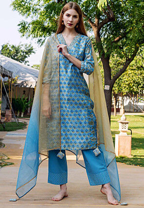 Printed Pure Chanderi Silk Pakistani Suit in Blue