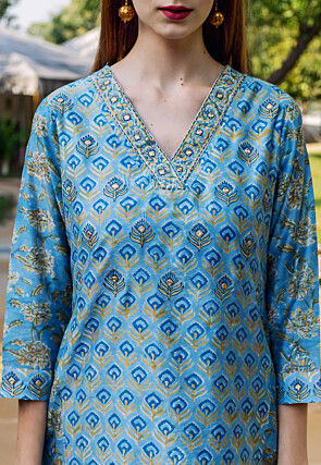 Printed Pure Chanderi Silk Pakistani Suit in Blue