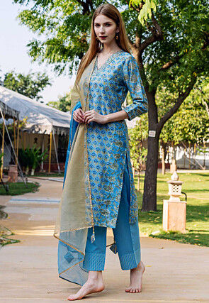 Printed Pure Chanderi Silk Pakistani Suit in Blue