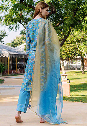 Printed Pure Chanderi Silk Pakistani Suit in Blue
