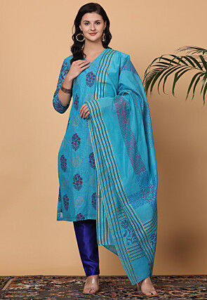 Printed Pure Chanderi Silk Pakistani Suit in Blue