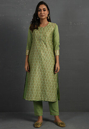 Printed Pure Chanderi Silk Pakistani Suit in Green