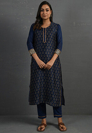 Printed Pure Chanderi Silk Pakistani Suit in Indigo Blue