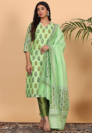 Printed Pure Chanderi Silk Pakistani Suit in Light Green