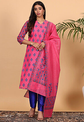 Printed Pure Chanderi Silk Pakistani Suit in Pink