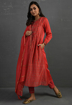 Printed Pure Chanderi Silk Pakistani Suit in Red