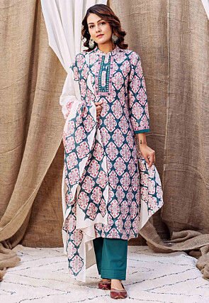 Printed Pure Chanderi Silk Pakistani Suit in Teal Blue