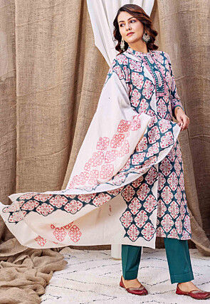 Printed Pure Chanderi Silk Pakistani Suit in Teal Blue