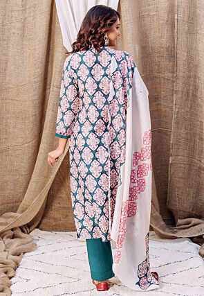 Printed Pure Chanderi Silk Pakistani Suit in Teal Blue