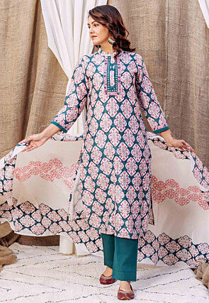 Printed Pure Chanderi Silk Pakistani Suit in Teal Blue