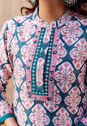 Printed Pure Chanderi Silk Pakistani Suit in Teal Blue