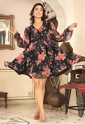 Printed Pure Chiffon Aline Dress in Black