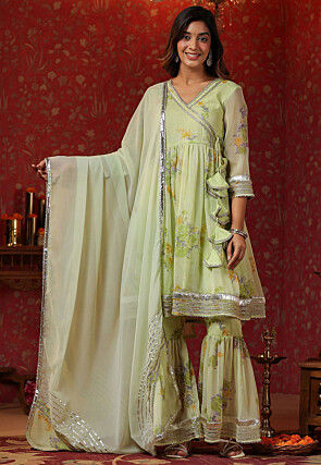 Printed Pure Chiffon Aline Suit in Light Green