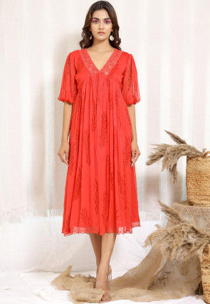 Printed Pure Chiffon Dress in Red