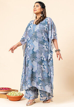 Printed Pure Chiffon Kaftan Style Kurta Set in Grey