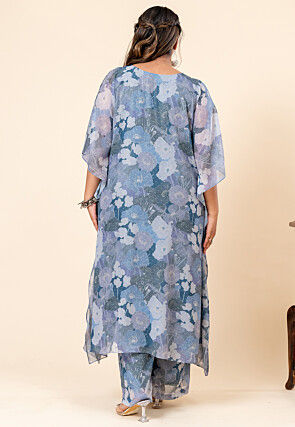 Printed Pure Chiffon Kaftan Style Kurta Set in Grey