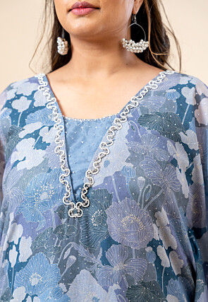Printed Pure Chiffon Kaftan Style Kurta Set in Grey