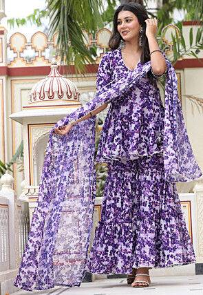 Printed Pure Chiffon Pakistani Suit in Violet