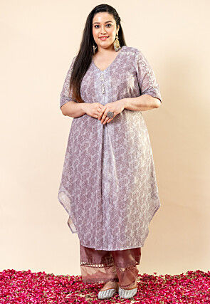Printed Pure Chiffon Shimmer Aline Kurta Set in Dusty Purple