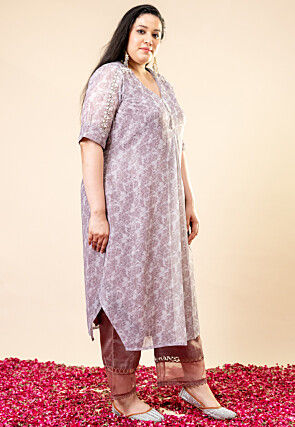Printed Pure Chiffon Shimmer Aline Kurta Set in Dusty Purple