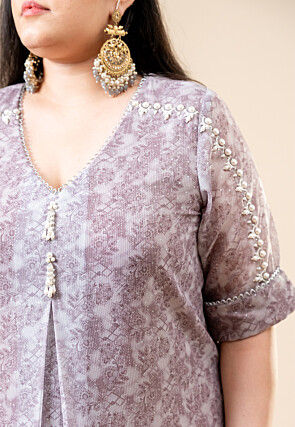 Printed Pure Chiffon Shimmer Aline Kurta Set in Dusty Purple
