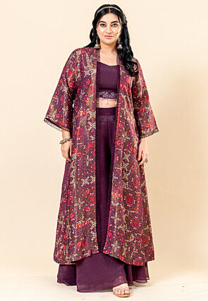 Printed Pure Chiffon Shimmer Crop Top Set in Violet