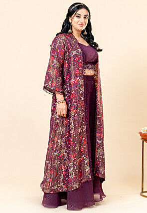 Printed Pure Chiffon Shimmer Crop Top Set in Violet