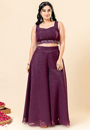 Printed Pure Chiffon Shimmer Crop Top Set in Violet