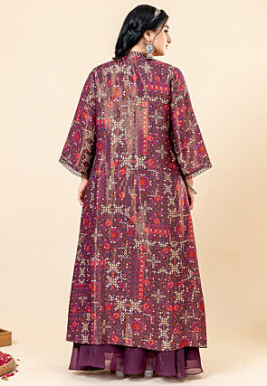 Printed Pure Chiffon Shimmer Crop Top Set in Violet