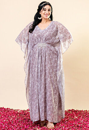 Printed Pure Chiffon Shimmer Kaftan Dress in Dusty Purple