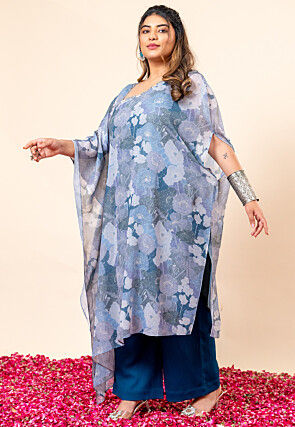 Printed Pure Chiffon Shimmer Kaftan Style Kurta Set in Blue and Grey