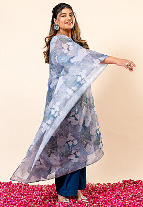 Printed Pure Chiffon Shimmer Kaftan Style Kurta Set in Blue and Grey